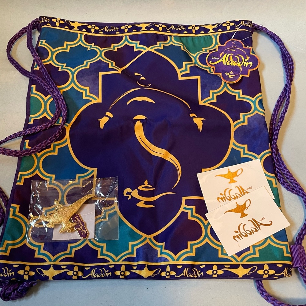 NWT Disney Aladdin Broadway Cinch Bag Backpack + Magnet & More!